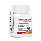 Frasco de Rimadyl 100 mg con 14 comprimidos masticables ranurados de carprofeno para perros, antiinflamatorio de Zoetis