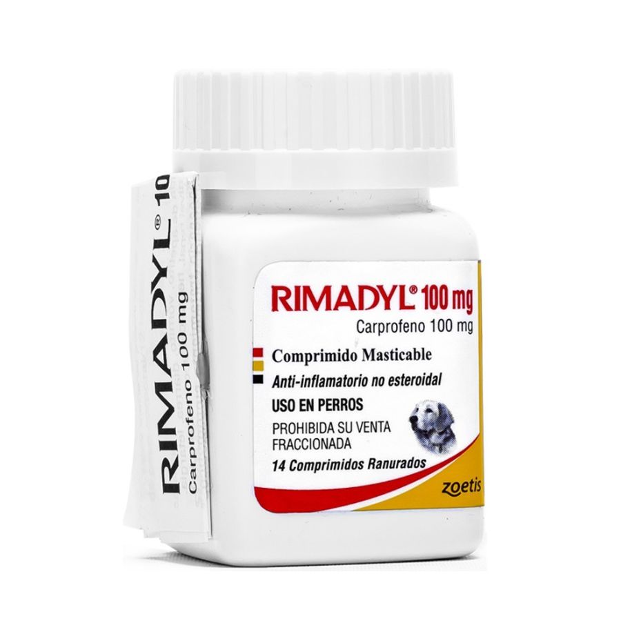 Frasco de Rimadyl 100 mg con 14 comprimidos masticables ranurados de carprofeno para perros, antiinflamatorio de Zoetis
