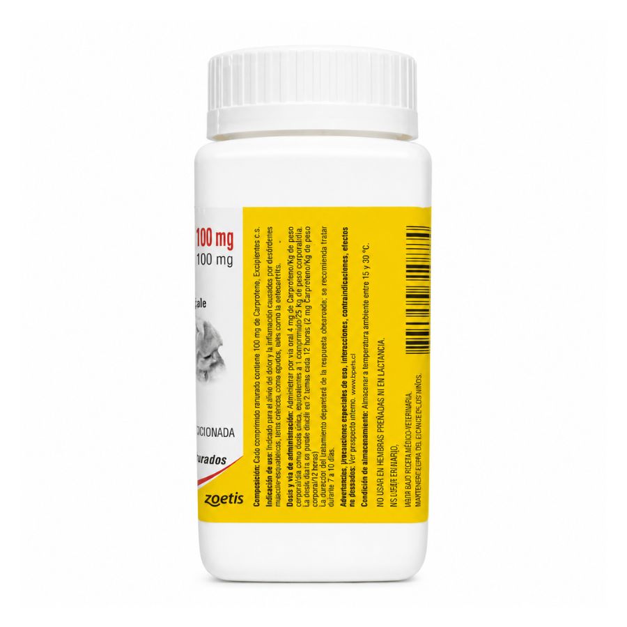 Panel lateral del frasco de Rimadyl 100 mg de 60 comprimidos con composición, indicación de uso y dosis por peso