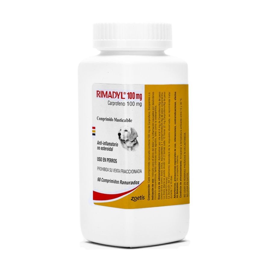 Vista en ángulo del frasco de Rimadyl 100 mg de 60 comprimidos, con la etiqueta lateral de composición y dosis visible