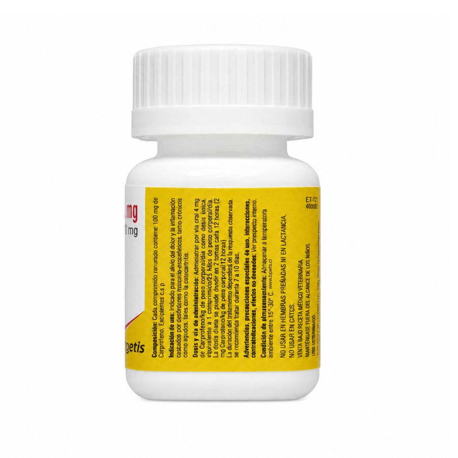 Reverso del frasco de Rimadyl 100 mg con composición, dosis por peso, advertencias y venta bajo receta médico veterinaria