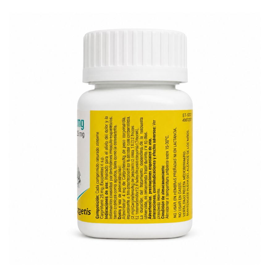 Panel lateral del frasco de Rimadyl 25 mg con composición, indicación de uso y dosis de 1 comprimido por 6,25 kg