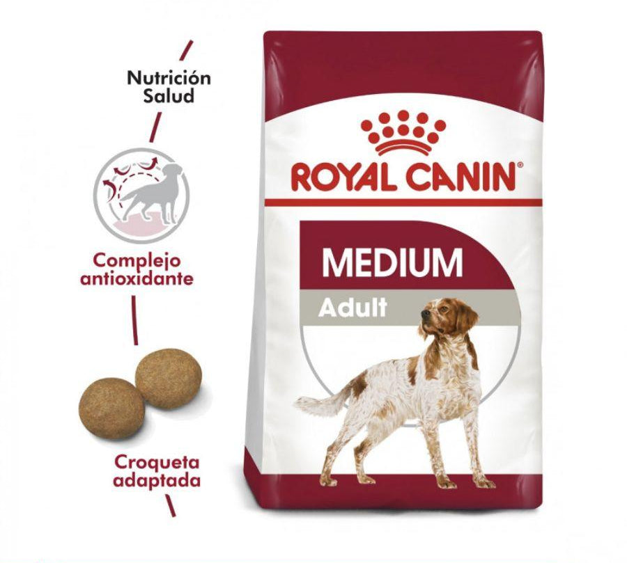 Royal Canin Adulto Medium 12Kg, alimento para perros adultos de razas medianas. Mantiene el peso ideal, refuerza defensas naturales y mejora la salud de la piel. 