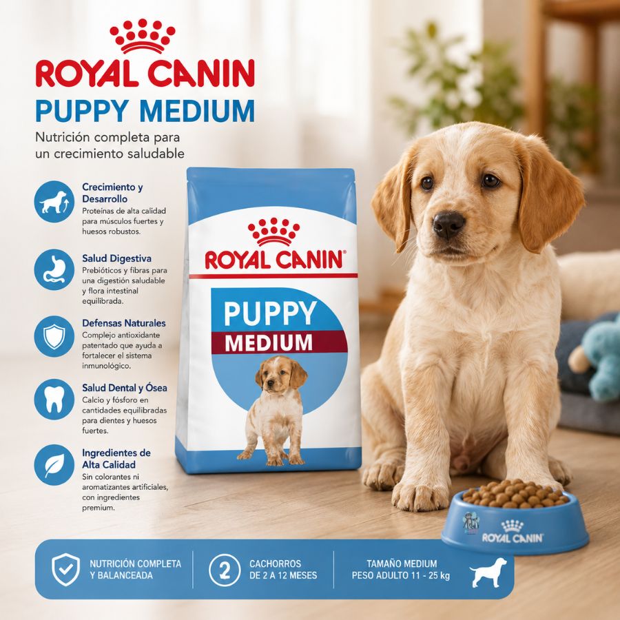 Royal Canin Medium Puppy 12KG: Alimento completo para cachorros de raza mediana, apoya crecimiento, desarrollo muscular y óseo, salud digestiva e inmunológica.