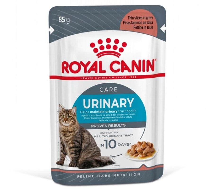 Royal Canin Gato Urinary Care Pouch 85g, alimento húmedo que promueve un tracto urinario saludable. Textura en salsa, alta palatabilidad y eficacia comprobada.