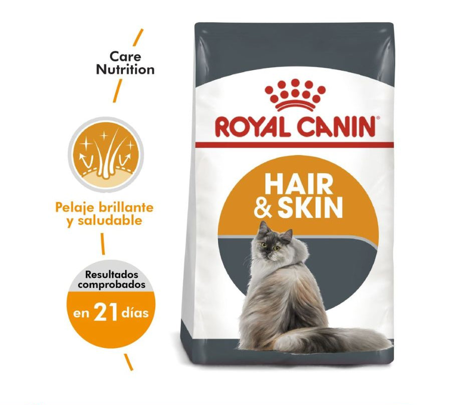 Royal Canin Hair & Skin Care: Alimento completo para gatos adultos. Mejora la salud del pelo y la piel, con nutrientes específicos para refuerzo cutáneo y brillo del pelaje. 🐱🍲🌟