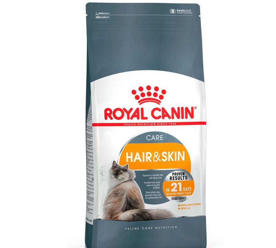Royal Canin Hair & Skin Care: Alimento completo para gatos adultos. Mejora la salud del pelo y la piel, con nutrientes específicos para refuerzo cutáneo y brillo del pelaje. 🐱🍲🌟