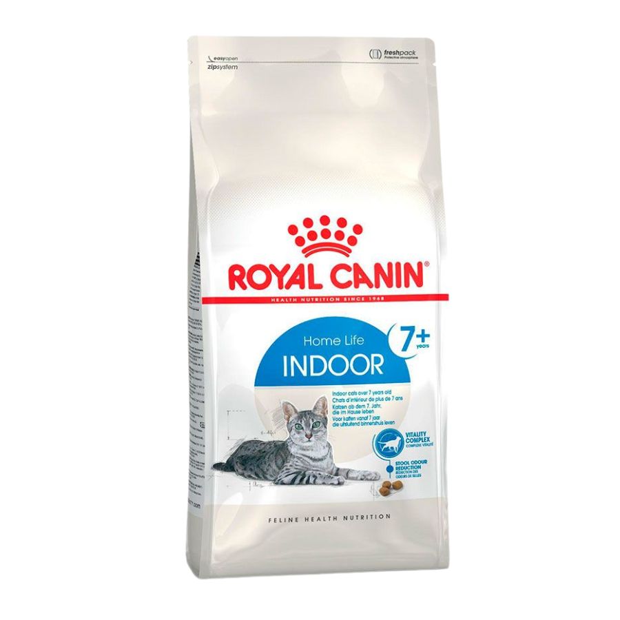 Royal Canin Indoor 7+: Alimento seco para gatos mayores de 7 años que viven en interiores. Enriquecido para un envejecimiento saludable, reduce olores y cantidad de heces, y mantiene la salud renal y urinaria.