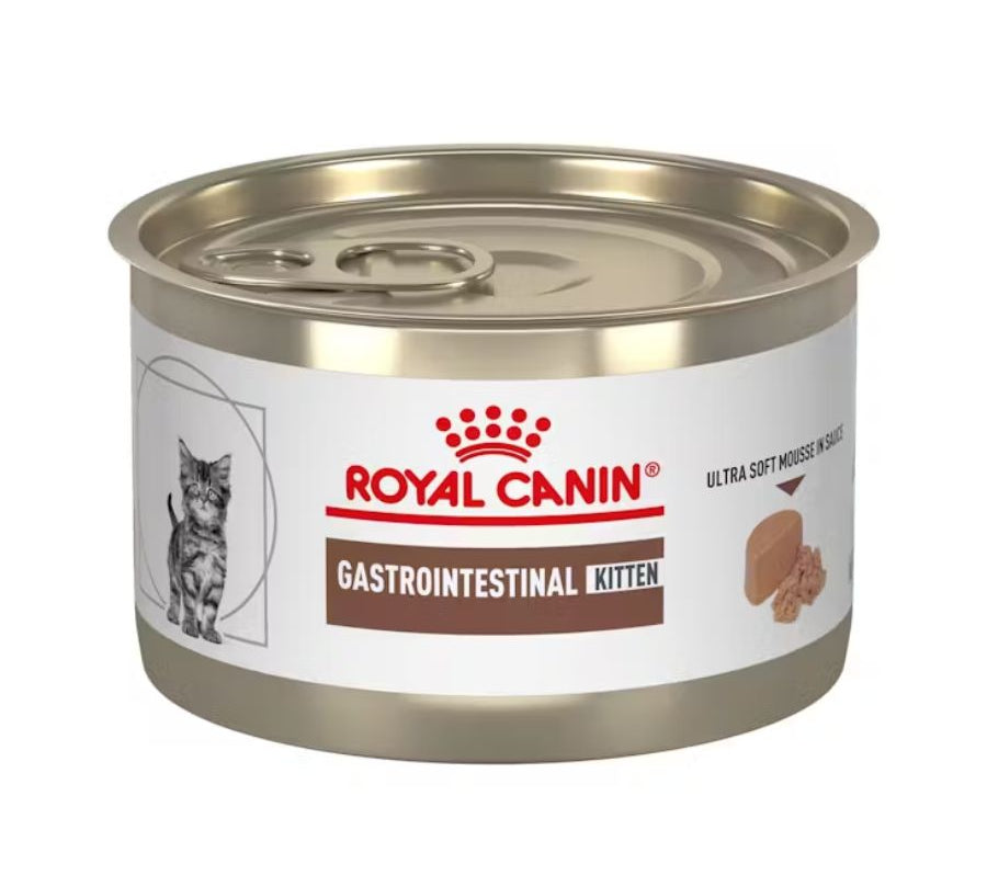 Royal Canin Gastrointestinal Kitten Lata 195g  alimento húmedo mousse altamente digestible para gatitos, ideal para sensibilidad digestiva y crecimiento saludable.
