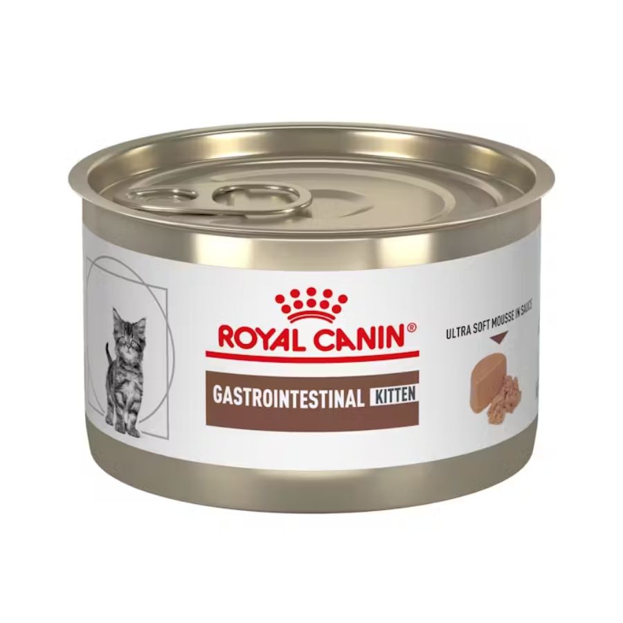 Royal Canin Gastrointestinal Kitten Lata 195g  alimento húmedo mousse altamente digestible para gatitos, ideal para sensibilidad digestiva y crecimiento saludable.