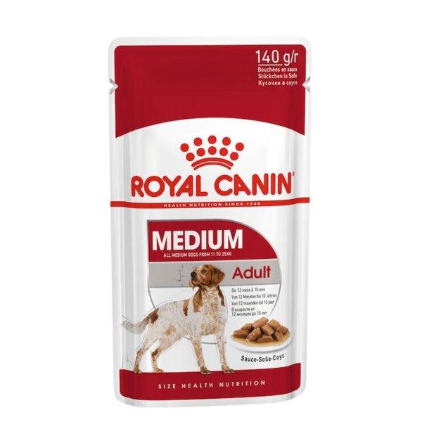 Royal Canin Medium Adult Pouch: Alimento húmedo para perros adultos de raza mediana. Ofrece energía adaptada, apoya la salud digestiva y del pelaje, y refuerza las defensas naturales.