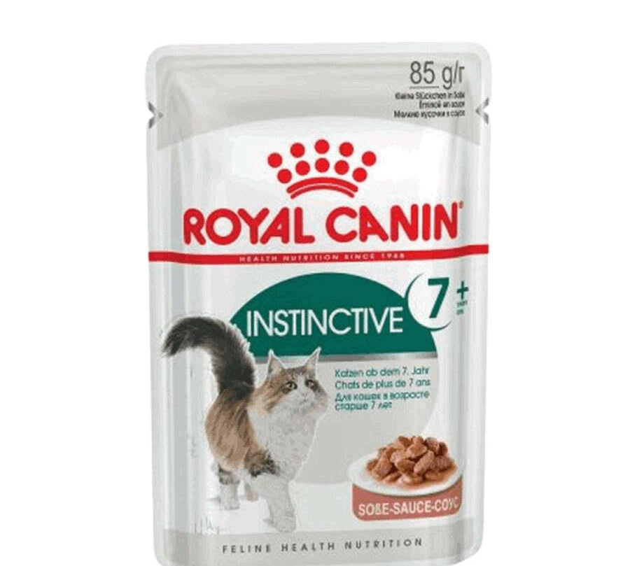 Royal Canin Adult Instinctive 7+ Pouch: Alimento húmedo diseñado para gatos mayores de 7 años. Favorece la vitalidad y la salud renal, con trozos tiernos y perfil nutricional óptimo. 🐱🍲🐾
