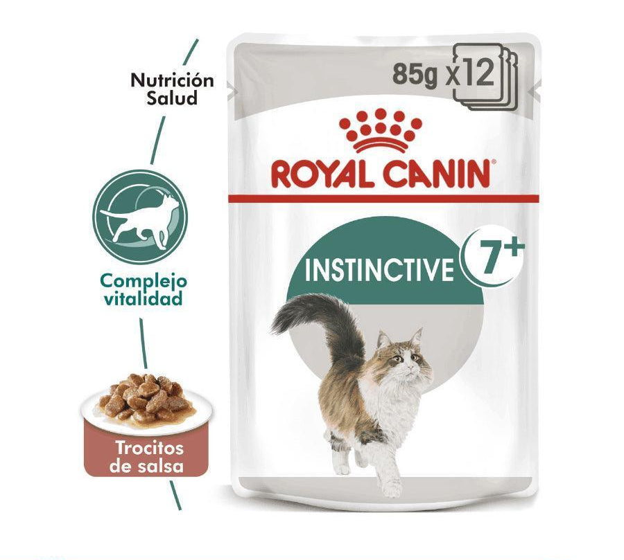 Royal Canin Adult Instinctive 7+ Pouch: Alimento húmedo diseñado para gatos mayores de 7 años. Favorece la vitalidad y la salud renal, con trozos tiernos y perfil nutricional óptimo. 🐱🍲🐾