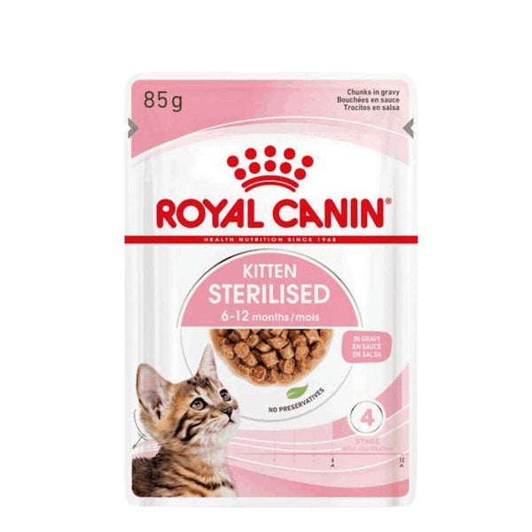 Royal Canin Kitten Sterilised Pouch: Alimento húmedo para gatitos esterilizados de 4 a 12 meses. Fomenta el crecimiento saludable y controla el peso, con proteínas y minerales equilibrados.