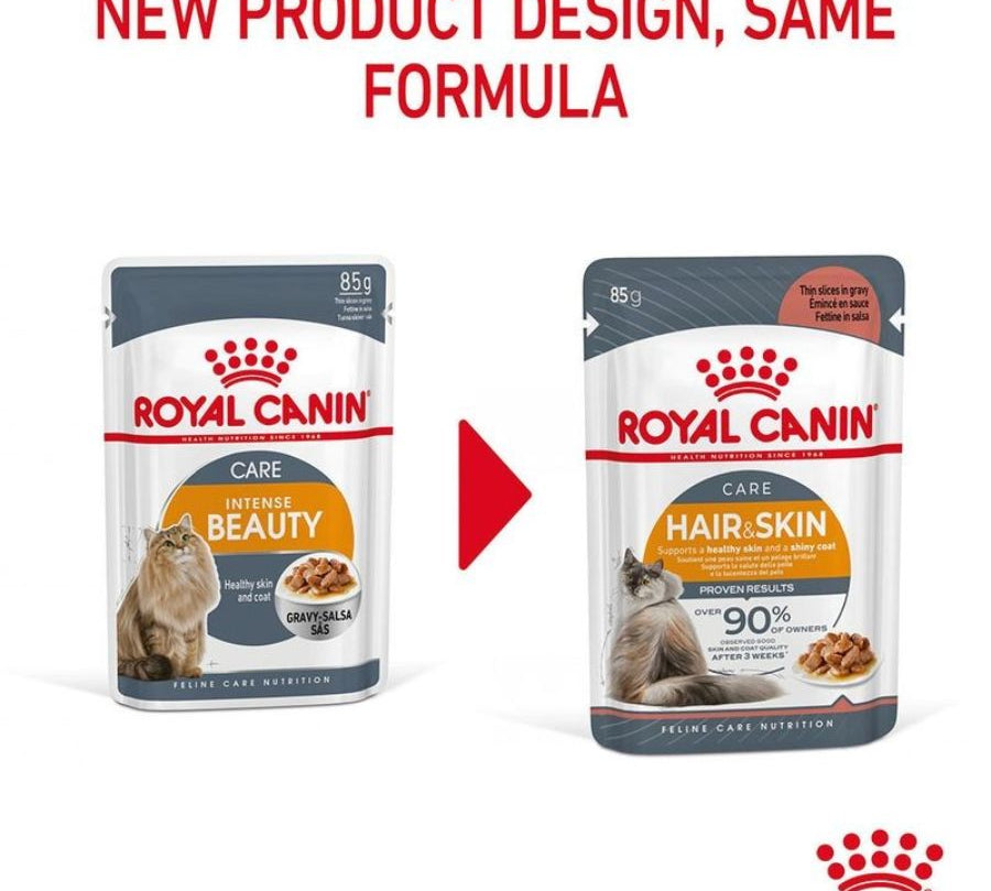  Royal Canin Pouch Hair & Skin 85 grs: Alimento húmedo para gatos, enriquecido con Omega 3 y 6, vitamina B y zinc. Favorece pelaje brillante, salud urinaria y peso ideal. 🐱✨🍲
