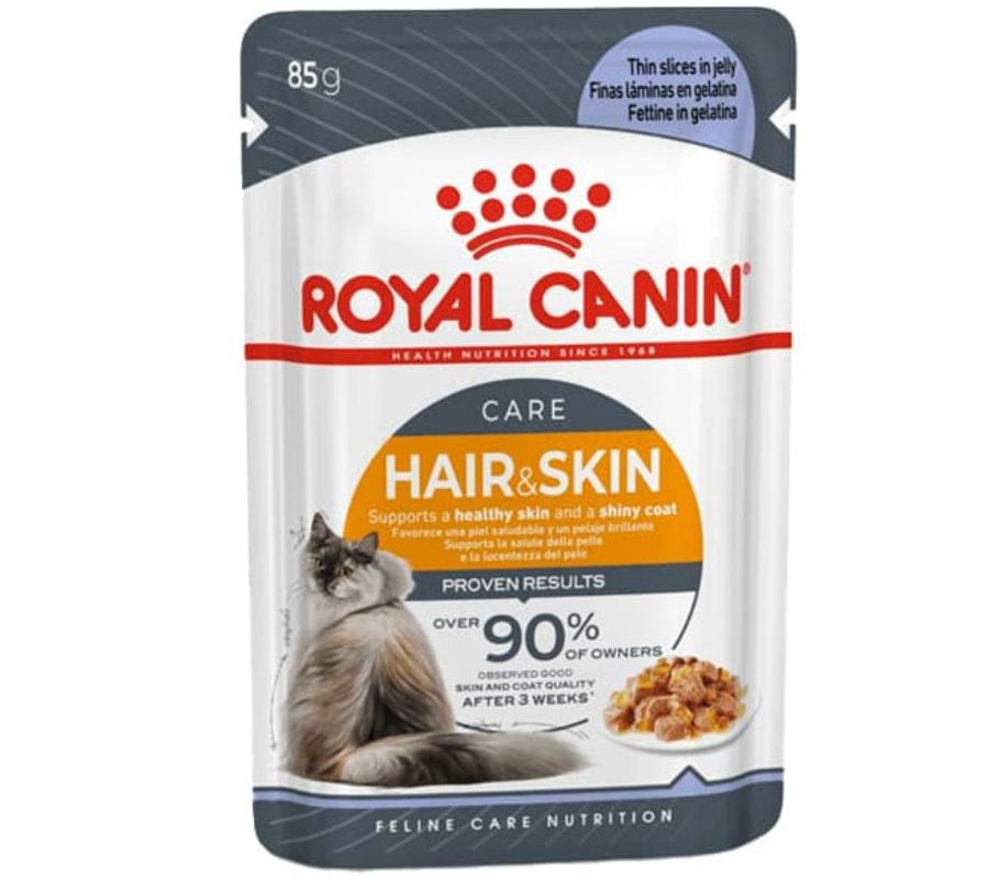  Royal Canin Pouch Hair & Skin 85 grs: Alimento húmedo para gatos, enriquecido con Omega 3 y 6, vitamina B y zinc. Favorece pelaje brillante, salud urinaria y peso ideal. 🐱✨🍲