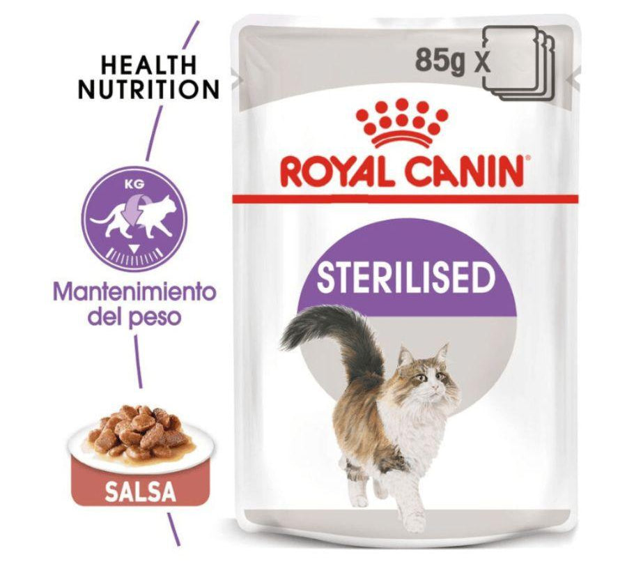 Royal Canin Pouch Sterilised Adulto 85gr, comida húmeda en gelatina para gatos esterilizados. Mantiene el peso ideal y promueve la salud urinaria. 🌟