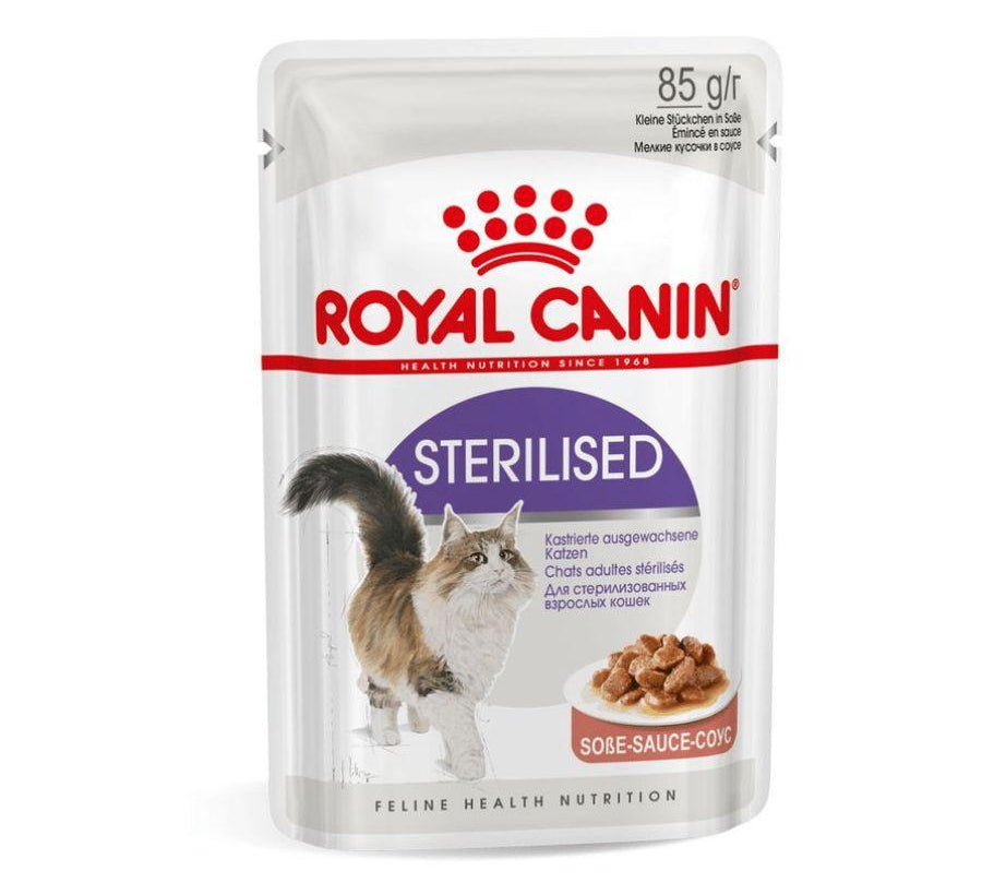 Royal Canin Pouch Sterilised Adulto 85gr, comida húmeda en gelatina para gatos esterilizados. Mantiene el peso ideal y promueve la salud urinaria. 🌟