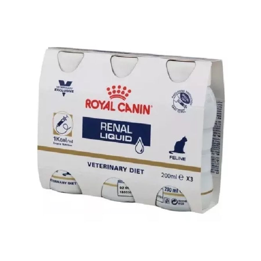 Royal Canin Renal Liquid 🐱 es un alimento dietético líquido para gatos con insuficiencia renal crónica. Fórmula con baja en fósforo y antioxidantes.