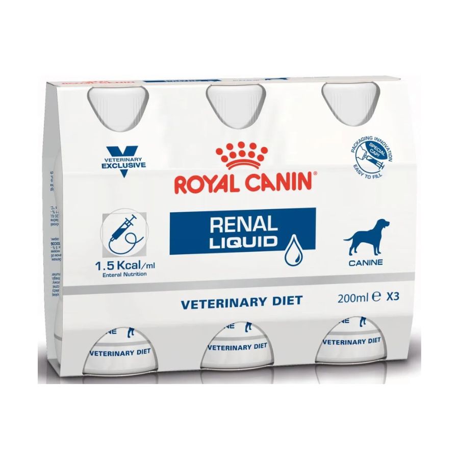Royal Canin Renal Liquid 🐶 es un alimento dietético líquido para perros con insuficiencia renal crónica o aguda. Alta densidad energética y fácil administración.
