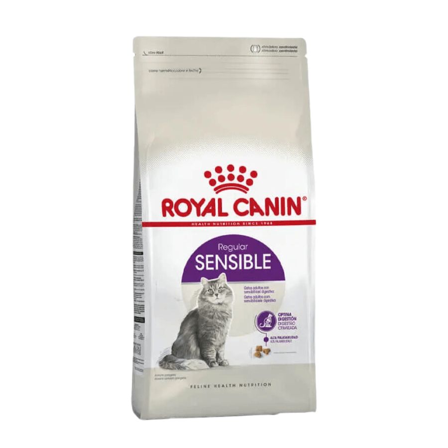 Royal Canin Sensible: Alimento seco para gatos con sensibilidad digestiva. Proteínas altamente digestibles, salud urinaria, equilibrio de flora intestinal y alta palatabilidad.