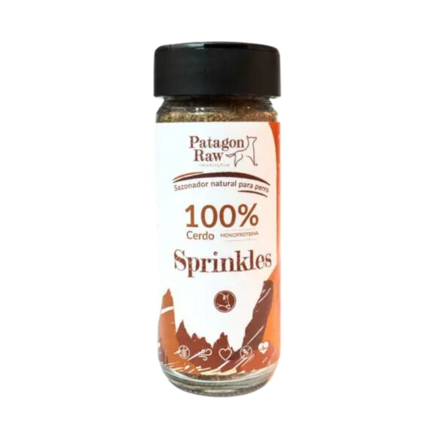 Patagon Raw Sprinkles Sabor Cerdo, un sazonador natural y libre de granos para perros. Perfecto para complementar su dieta y añadir sabor. 🐶🌟