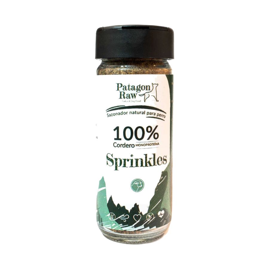 Patagon Raw Sprinkles Sabor Cordero, un sazonador natural y libre de granos para perros. Perfecto para complementar su dieta y añadir sabor. 🐶🌟