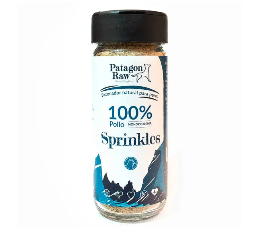 Patagon Raw Sprinkles Sabor Pollo, un sazonador natural y libre de granos para perros. Perfecto para complementar su dieta y añadir sabor. 🐶🌟