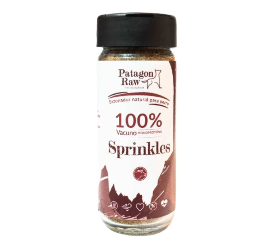 Patagon Raw Sprinkles Sabor Vacuno, un sazonador natural y libre de granos para perros. Perfecto para complementar su dieta y añadir sabor. 🐶🌟