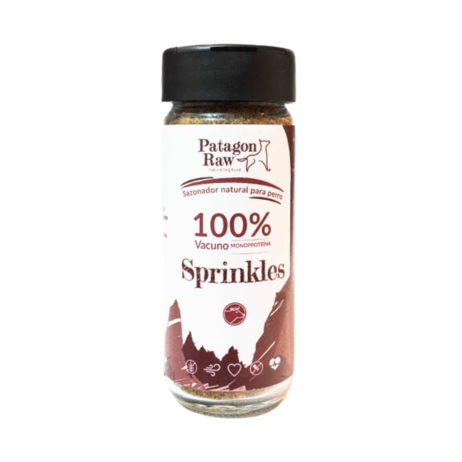 Patagon Raw Sprinkles Sabor Vacuno, un sazonador natural y libre de granos para perros. Perfecto para complementar su dieta y añadir sabor. 🐶🌟