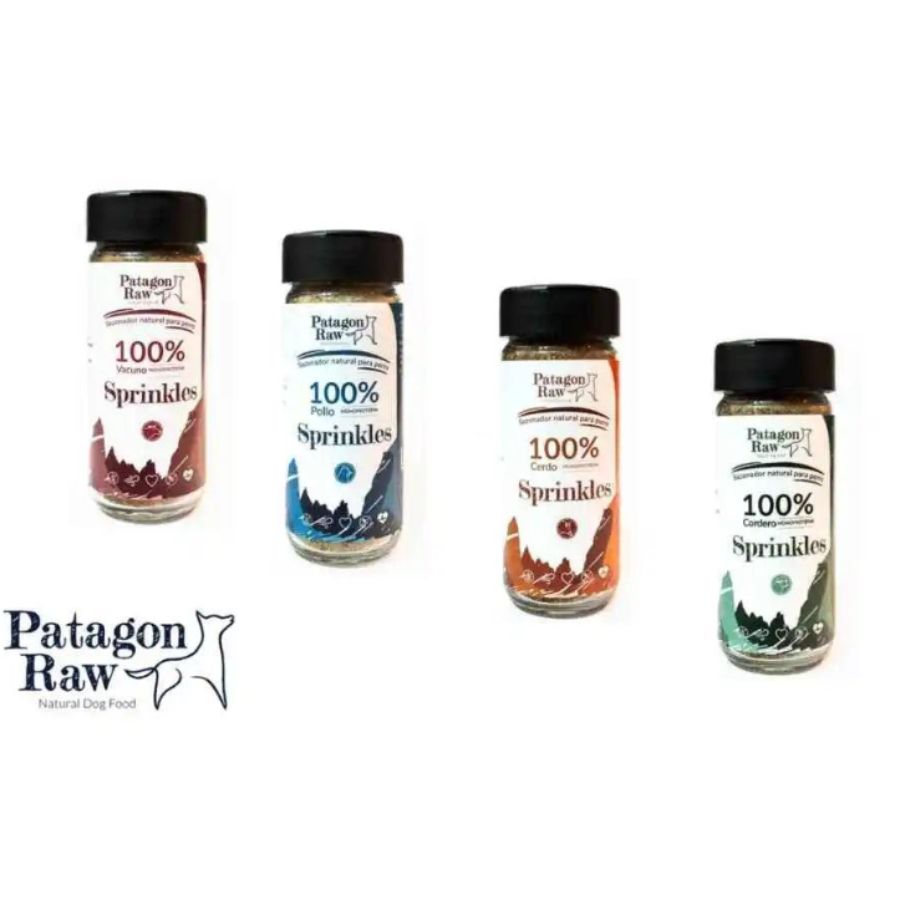 Patagon Raw Sprinkles Sabor Cordero, un sazonador natural y libre de granos para perros. Perfecto para complementar su dieta y añadir sabor. 🐶🌟