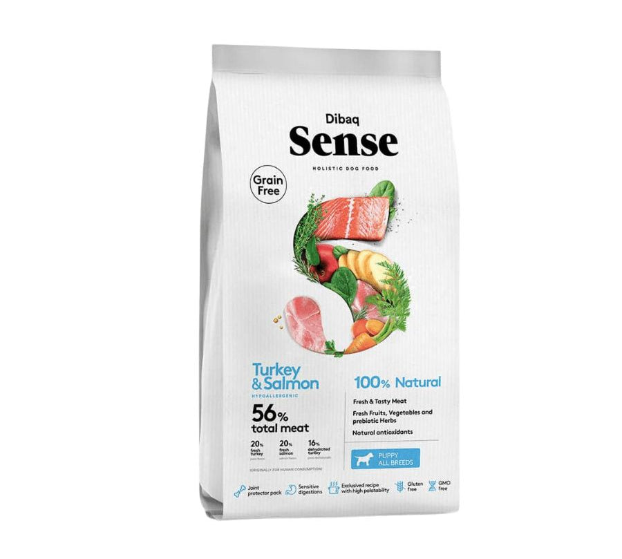 Dibaq Sense Cachorro Pavo & Salmón 12KG: Alimento completo hipoalergénico para cachorros y perritas gestantes.