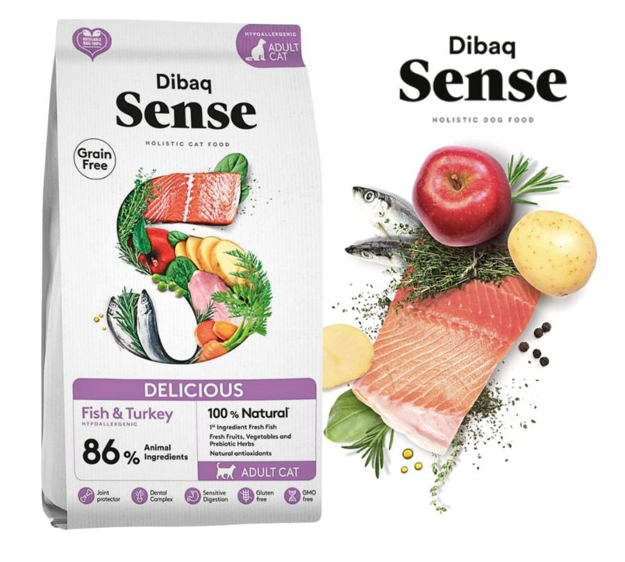 Dibaq Sense Grain Free Cat Pescado & Pavo 1.5KG: Alimento hipoalergénico para gatos adultos, con 86% de proteína animal, omega 3 y antioxidantes. ¡Cuida la salud de tu gato con esta receta de calidad!