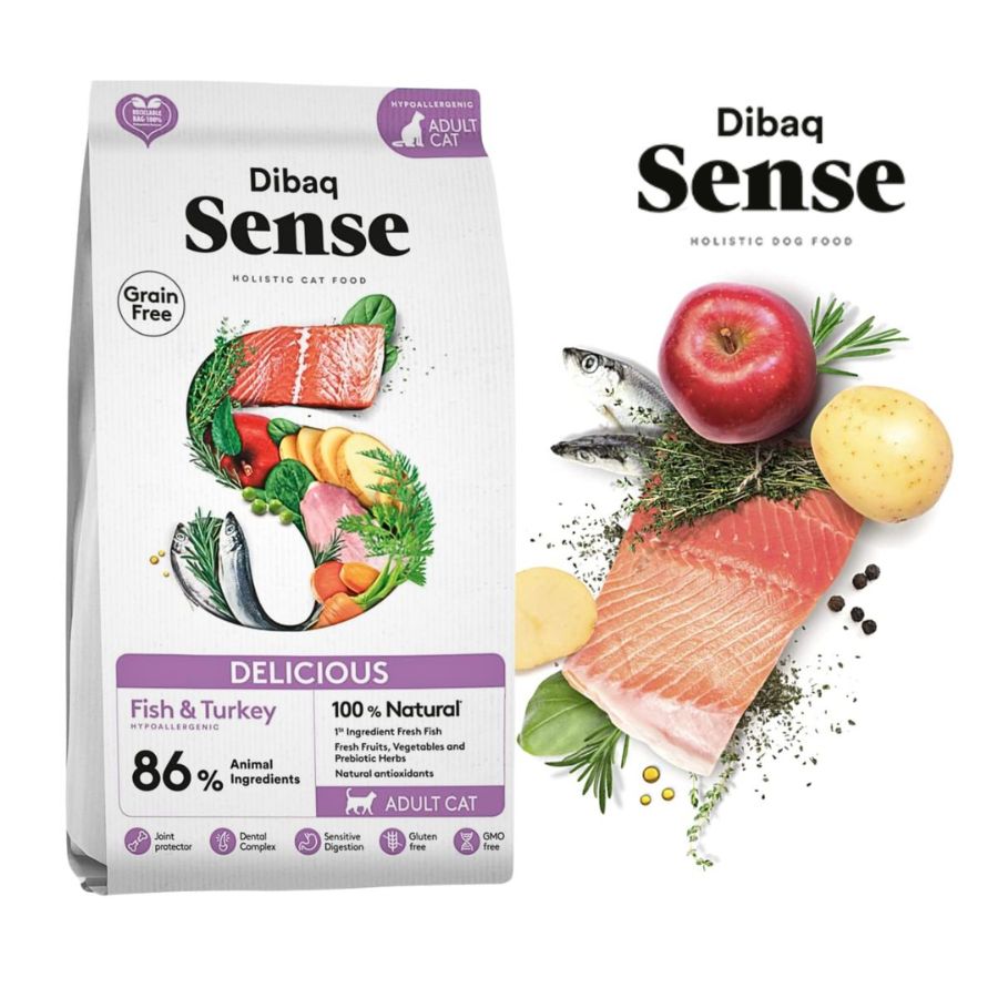 Dibaq Sense Grain Free Cat Pescado & Pavo 1.5KG: Alimento hipoalergénico para gatos adultos, con 86% de proteína animal, omega 3 y antioxidantes. ¡Cuida la salud de tu gato con esta receta de calidad!