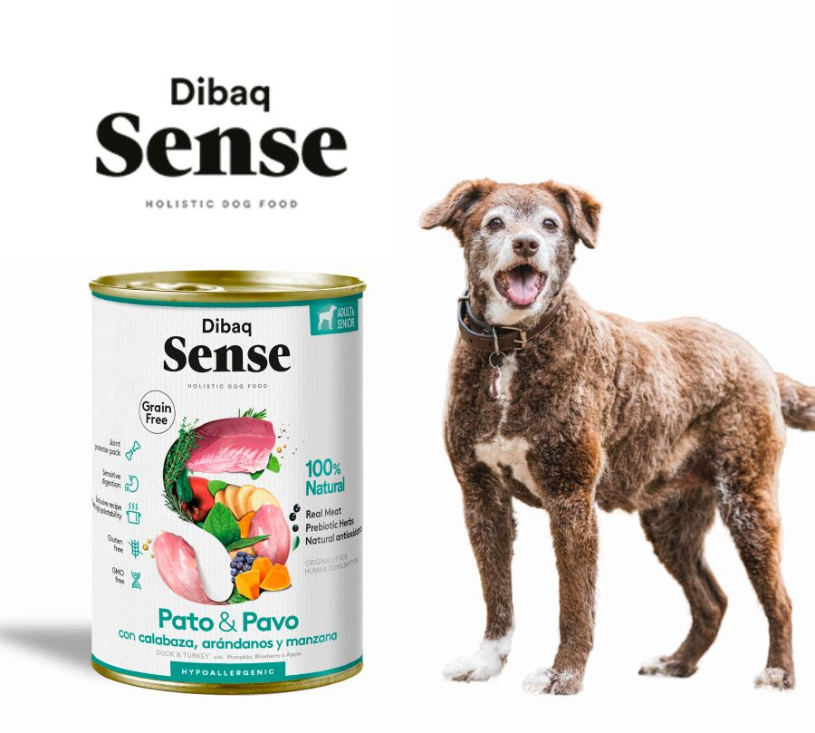 Dibaq Sense Lata para Perros Senior Pato y Pavo Light alimento húmedo natural, bajo en calorías, ideal para perros mayores o con sobrepeso.