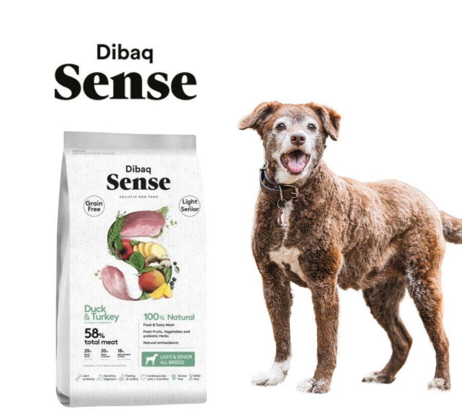 Dibaq Sense Pavo y Pato Light 12kg: Nutrición saludable para perros senior con control de peso.