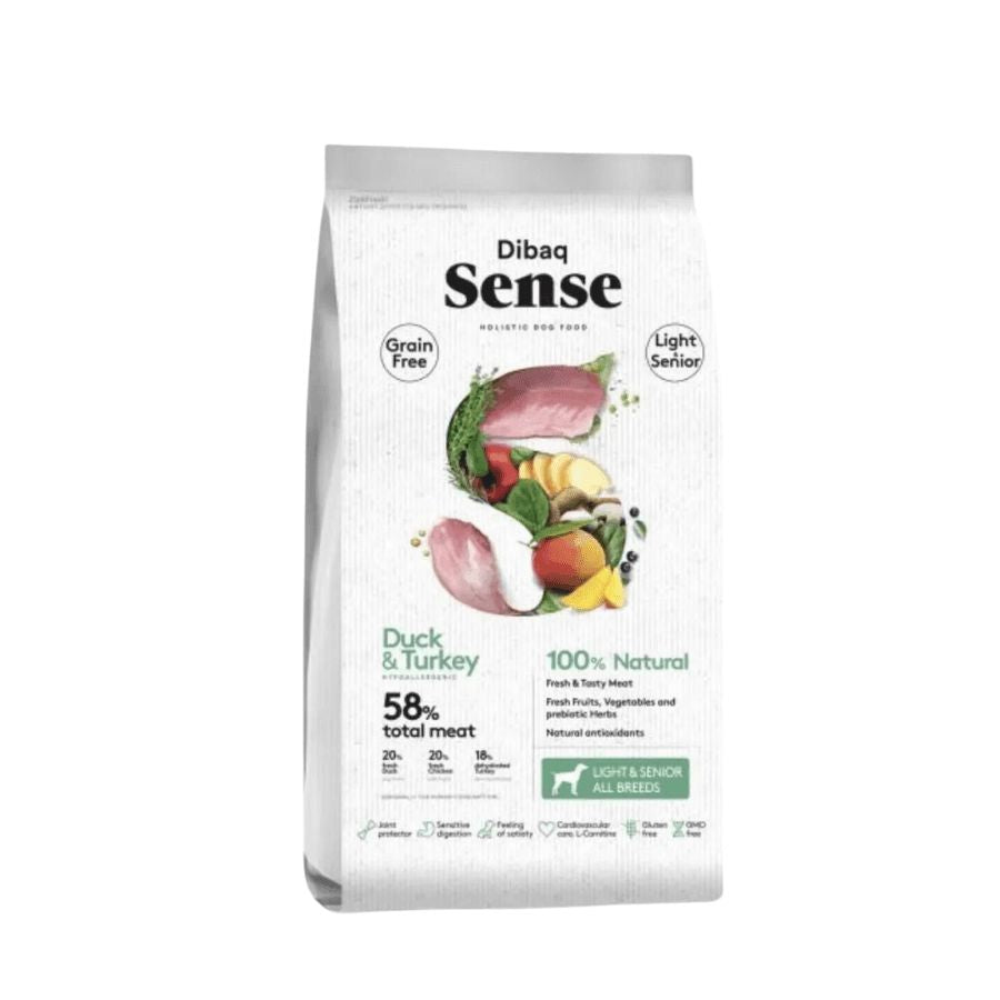 Dibaq Sense Pavo y Pato Light 12kg: Nutrición saludable para perros senior con control de peso.