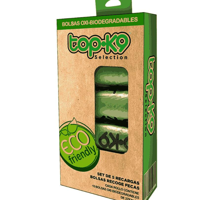 Set Bolsas Oxi-Biodegradables Top K9 5 unidades, fabricadas con tecnología EPI para degradación ecológica. Resistentes, dobles sellado y fáciles de usar. 🌿🐾