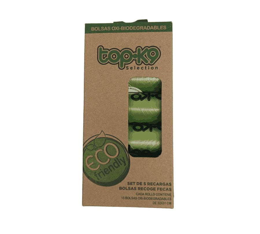 Set Bolsas Oxi-Biodegradables Top K9 5 unidades, fabricadas con tecnología EPI para degradación ecológica. Resistentes, dobles sellado y fáciles de usar. 🌿🐾
