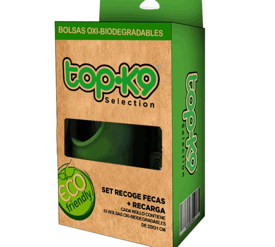 Set Dispensador Bolsas + 2 Rollos de Recarga Top K9, con tecnología EPI para degradación ecológica. Higiénico, resistente y fácil de usar. 🌿🐾