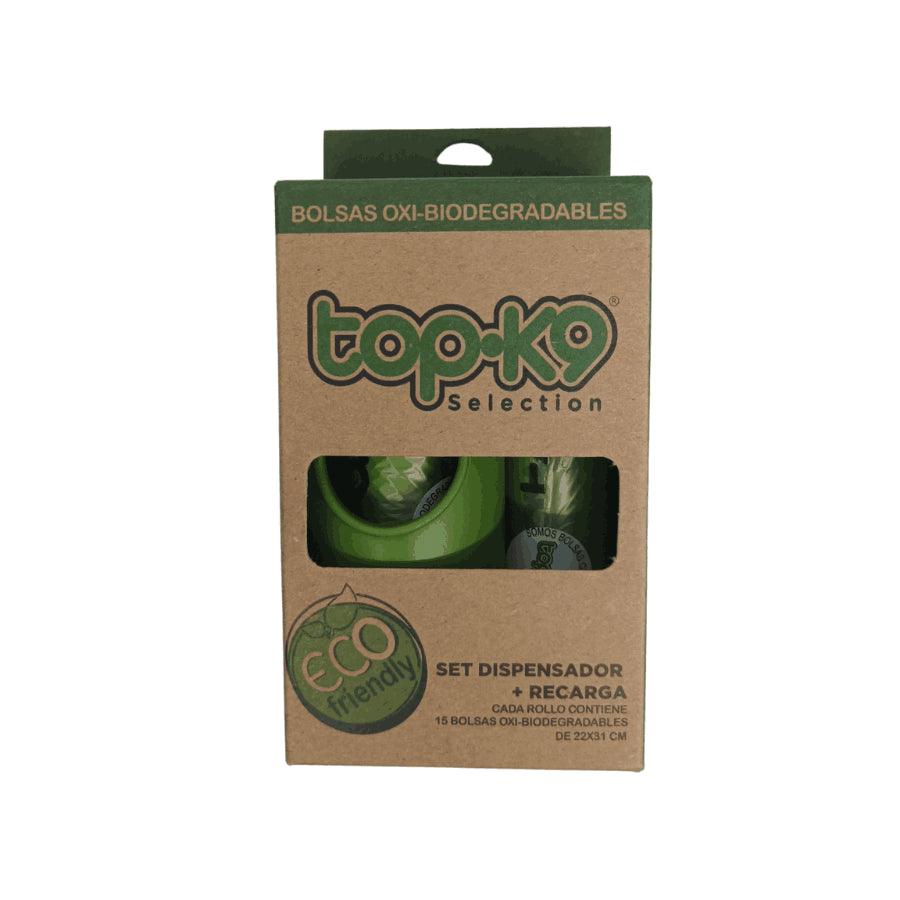 Set Dispensador Bolsas + 2 Rollos de Recarga Top K9, con tecnología EPI para degradación ecológica. Higiénico, resistente y fácil de usar. 🌿🐾