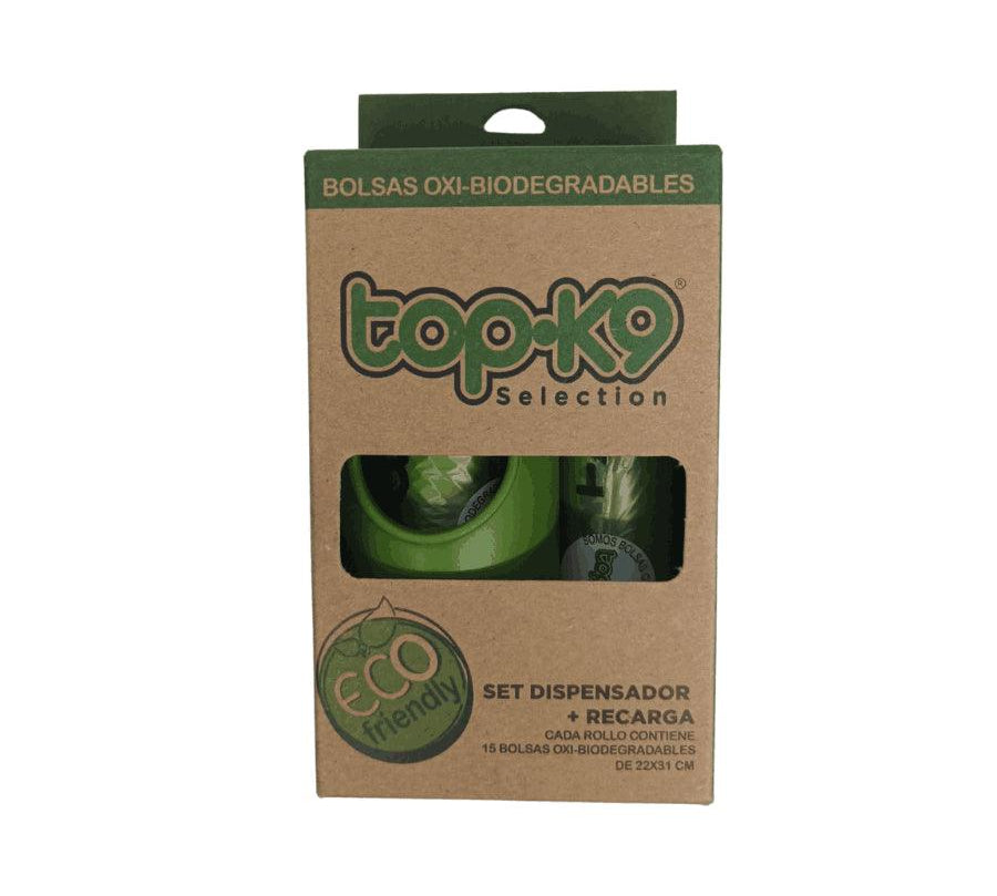Set Dispensador Bolsas + 2 Rollos de Recarga Top K9, con tecnología EPI para degradación ecológica. Higiénico, resistente y fácil de usar. 🌿🐾