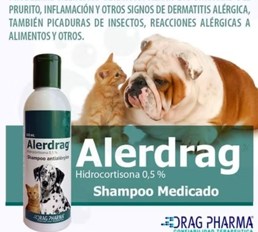 Shampoo Antialérgico Alerdrag 150 ml, con hidrocortisona para aliviar picazón e inflamación por dermatitis alérgica en perros y gatos. Uso veterinario. B-Pets