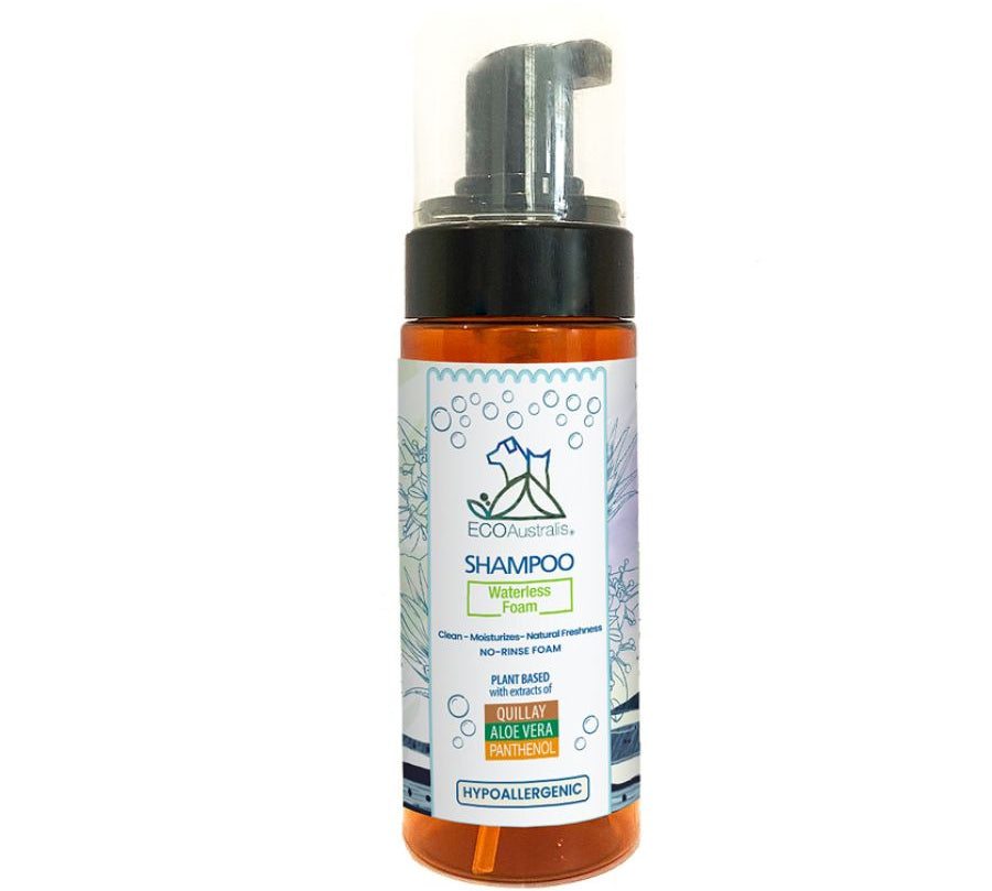 Shampoo Hipoalergénico Sin Enjuague Ecoaustralis 160ml, ideal para cachorros y gatos. Limpia e hidrata con Quillay, Aloe Vera y Pantenol.