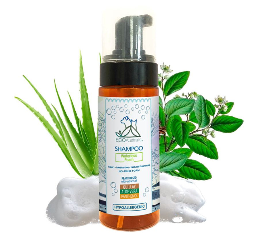 Shampoo Hipoalergénico Sin Enjuague Ecoaustralis 160ml, ideal para cachorros y gatos. Limpia e hidrata con Quillay, Aloe Vera y Pantenol.