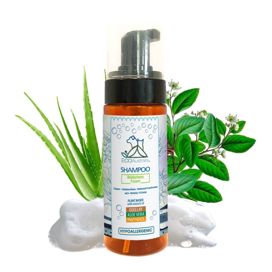 Shampoo Hipoalergénico Sin Enjuague Ecoaustralis 160ml, ideal para cachorros y gatos. Limpia e hidrata con Quillay, Aloe Vera y Pantenol.