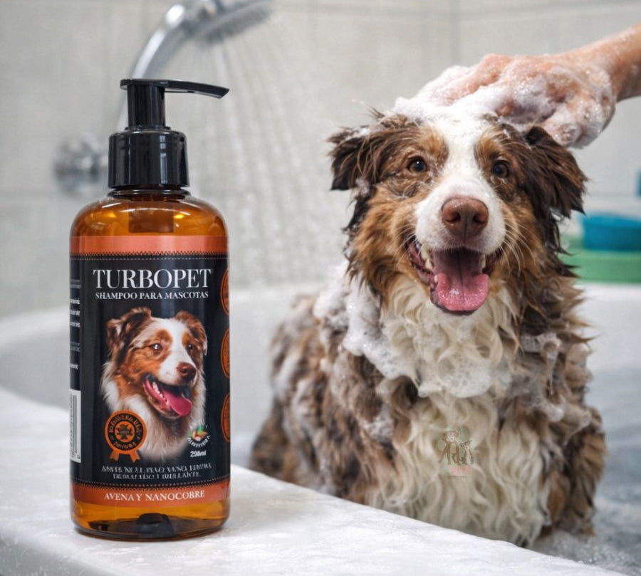 Shampoo para Perros TurboPet 250 ml con avena y nanocobre, elimina patógenos, limpia profundamente y deja un suave aroma a almendra.