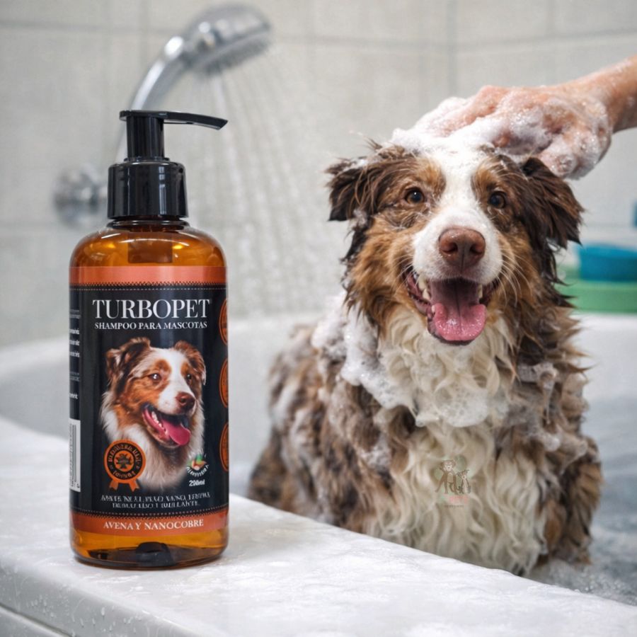 Shampoo para Perros TurboPet 250 ml con avena y nanocobre, elimina patógenos, limpia profundamente y deja un suave aroma a almendra.