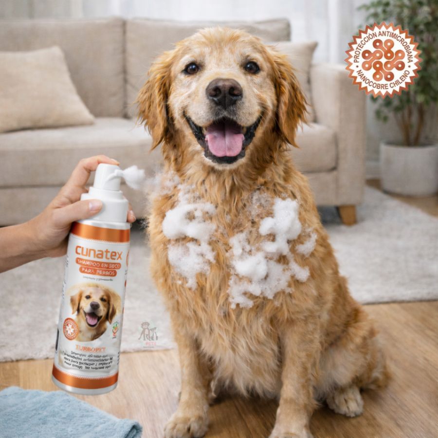 Shampoo en Seco para Perros TurboPet con nanocobre y aroma a almendra. Limpieza sin agua, combate bacterias y deja el pelaje suave y fresco.