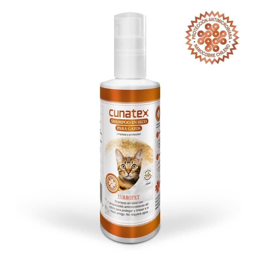 Shampoo en Seco para Gatos TurboPet con nanocobre y fragancia a almendra. Limpia sin agua, combate bacterias y deja el pelaje suave y brillante.